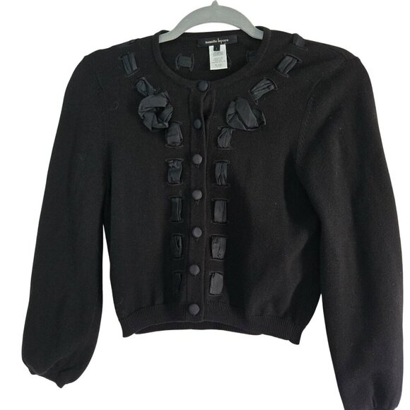 Nanette Lepore Black Covered Button Cropped Cardigan Sweater Silk Ribbon Size S - Picture 1 of 6